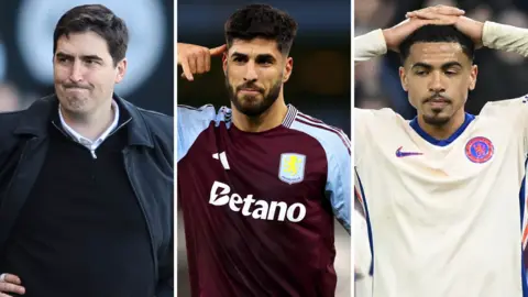 A split graphic of Bournemouth boss Andoni Iraola (left), Aston Villa midfielder Asensio (centre) and Chelsea defender Levi Colwill (right)