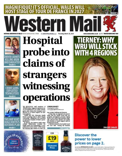 The Western Mail The Western Mail splashes with: "Hospital probe into claims of strangers witnessing operations"