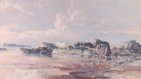 An oil on board painting depicting horses pulling carriages along a beach, the colours are pastel-like. 