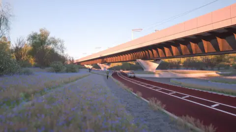 HS2 Ltd Artists impression of HS2 Small Dean Viaduct A413 looking north