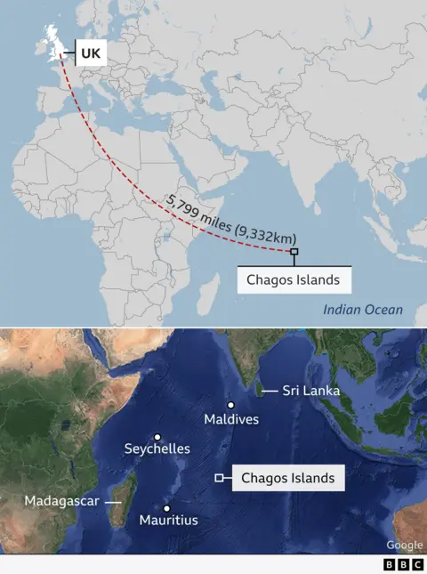 An infographic map showing where the Chagos Islands are on a world map and their proximity to the UK