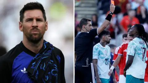 A split picture showing Argentina forward Lionel Messi and Portugal forward Rafael Leao being red-carded 