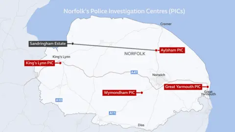 A map of Norfolk showing the police investigation centres across the county. It also shows where Aylsham Police Investigation Centre is in relation to the Sandringham Estate.