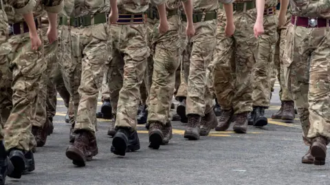 BBC Close up shot of the legs of British soldiers who are in uniform and marching through the street