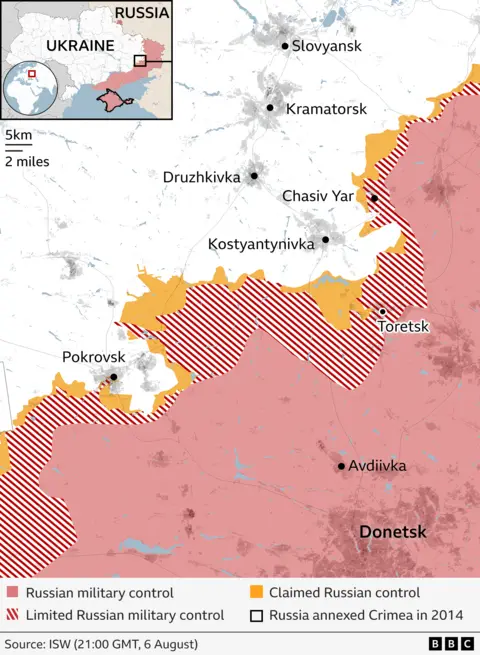 Map showing military control to the west of Donetsk on 6 August. Areas under Russian military control are shaded red, areas with limited Russian control are marked with red stripes, and regions claimed by Russia are in yellow. A black outline marks the territory annexed by Russia in 2014. Key cities labelled include Slovyansk, Kramatorsk, Druzhkivka, Chasiv Yar, Kostyantynivka, Toretsk, Pokrovsk, Avdiivka, and Donetsk. Source: ISW