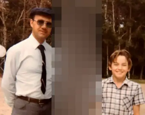 Photo supplied Robert Corfield, left, and Michael Havet, right, are seen in the 1980s. A person in the middle is blurred out.
