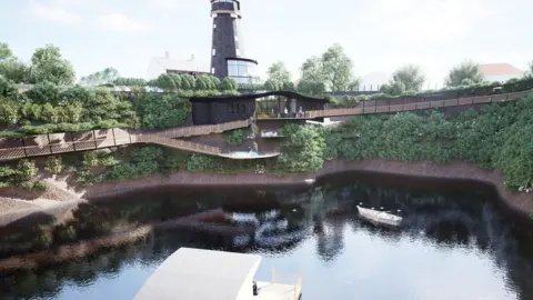 Savills The picture appears to be a computer‑generated visualisation of a restored mill site and its surrounding quarry lake. The scene shows a tall stone mill tower standing at the top of a green, tree‑covered slope. Below it, built into the side of the quarry, is a modern glass‑fronted extension with terraces overlooking the water. A wooden walkway runs around the edge of the quarry, linking different levels and leading towards the mill.