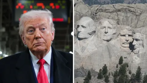 Split screen. Left, Donald Trump. Right, Mount Rushmore.
