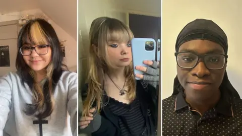 Handout A composite image of three pictures shows, from left to right, a young woman with large glasses and two-tone died hair, a young woman taking a selfie of herself in a mirror with her phone, and a young man smiling in front of an off-white wall, wearing glasses and a Du-rag.