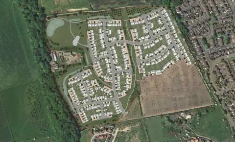 Barratt Homes An aerial shot of the plot of the new housing development, surrounded by a number of existing houses, roads and green space. In the bottom right hand corner of the existing estate, lines mark the position of the proposed new-builds.