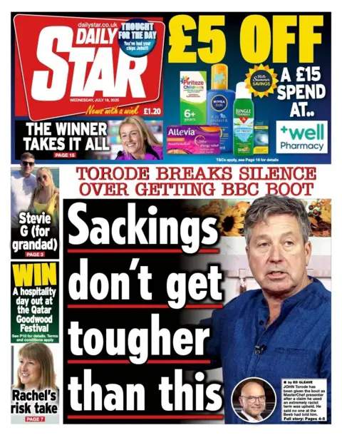 The headline on the front page of the Daily Star reads: "Sackings don't get tougher than this".