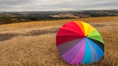 A rainbow umbrella, a swirling colour wheel, has been placed in the middle of a field of parched, brown grass. More beige fields, separated by trees, stretch out into the horizon under a grey, cloudy sky.