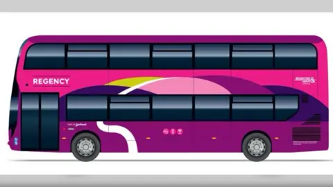 A generated image of a pink and purple bus side-on. It says "Regency" on the side.