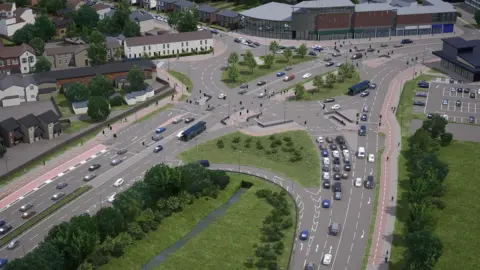 Model of several roads in Chelmsford. Cars are driving on the roads and their are houses and trees in the picture.