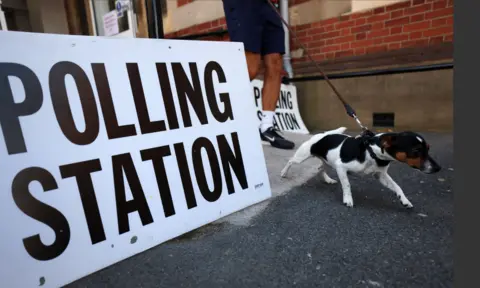 PA Media A large white sign with black writing that says polling station, with a small black and white dog on a lead next to it. 