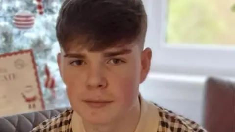 A headshot of a boy with short brown hair, combed in a side shed. He is expressionless and appears to have been photographed in a living room with a Christmas tree in the background. He is wearing a brown and white checked polo shirt.