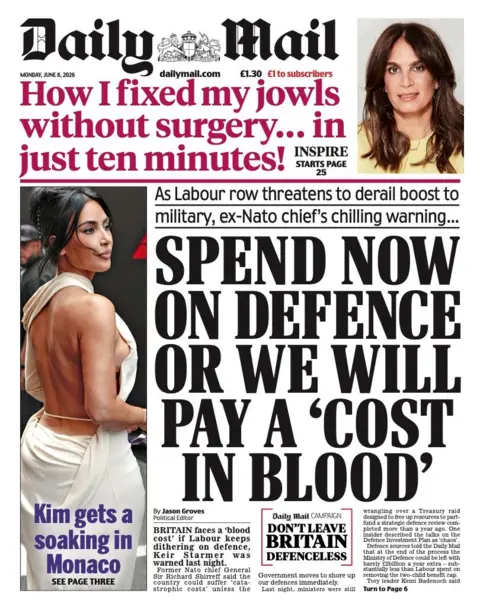 The headline on the front page of the Daily Mail reads: "Spend now on defence or we will pay a cost in blood." 