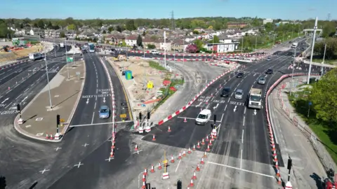 An overhead shot of the Dawsons Corner roundabout mid-upgrade.
