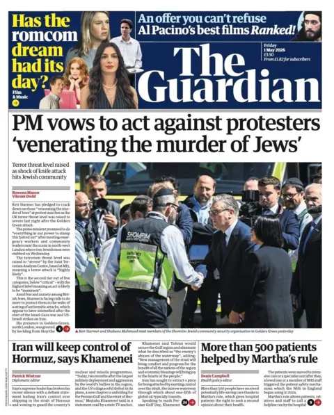 The headline on the front page of the Guardian reads: “PM vows to act against protesters 'venerating the murder of Jews'”. The headline on the front page of the Mirror reads: “An attack on all of us”.