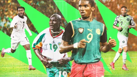 A stylised composite image showing four African players in action in various World Cup kits. From left to right are, Abdul Fatawu in all-white Ghana 2026 kit with a colourful spiderweb design on the chest; Papa Bouba Diop in white Senegal 2002 home kit; Samuel Eto'o in Cameroon's green sleeveless 2002 kit which also had black upper-sleeves sewn onto it; Ahmed Musa in Nigeria's classic neon green 2018 shirt which featured white chevrons on the green chest and black chevrons on its white sleeves. The four players have been added to a green pitch while a striking green lightning-like flash zig-zags across the background. The image has been treated with a vintage filter