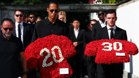 Reuters Virgil van Dijk and Andrew Robertson hold the brothers' shirt numbers on wreaths at the funeral of 