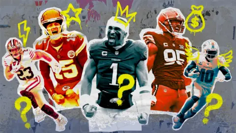A graphic image of five quarterbacks in varying shades of colour