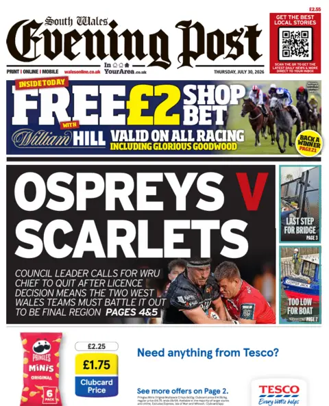 South Wales Evening Post South Wales Evening Post front page. The main headline says: Ospreys v Scarlets. Council leader calls for WRU chief to quit after licence decision means the two west Wales teams must battle it out to be final region. 