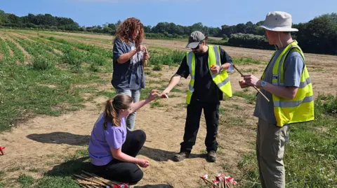 Four archaeologists wearing high vis vests work in the soil on a sunny day.
