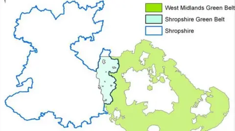 Crown copyright A map showing Shropshire's green belt in turquise, along with the rest of the county outlined in blue and the West Midlands Green Belt coloured green. 