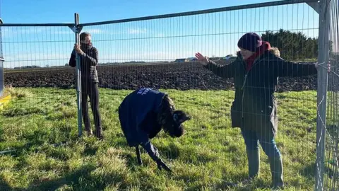 The rescued emu is surrounded by a cage in a field held by a woman in a parka and a beanie hat