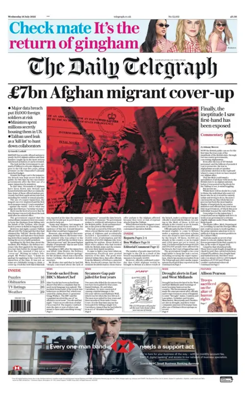 The headline on the front page of the Daily Telegraph reads: "£7bn Afghan migrant cover-up".