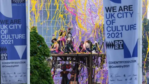 PA Media French performers Gratte Ciel perform the World Premiere of 'The Awakening' in Coventry, during a weekend of celebrations to mark the closing of Coventry's tenure as UK City of Culture