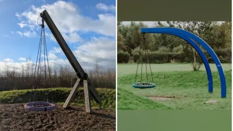 Forestry England/Getty Images A composite image of two swings. Left: Children's swing with seat suspended from a straight wooden support. Right: Children's swing with blue curved support structures