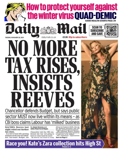 The headline in the Daily Mail reads: "No more tax rises, insists Reeves"