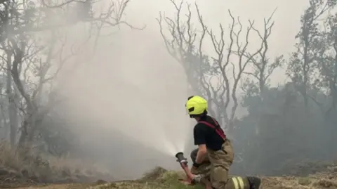 A picture of a firefighter spraying water - from a hose - onto a moorland fire. The firefighter has their back to the camera, is wearing a black T-shirt and a high-visibility yellow helmet.
