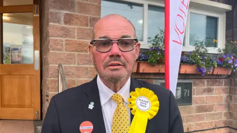 A man with very short grey hair, facial hair and glasses. He is wearing a white shirt, yellow tie with blue dots, and a dark blazer. He has a yellow rosette on his lapel, which says 'Please Vote Troy'. On the other side of his jacket is a sticker which says 'I'm a voter'. He is standing in front of a brick building with a wooden and glass door.