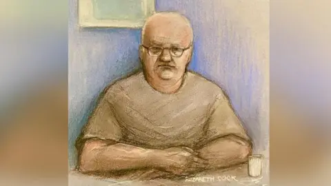 Elizabeth Cook/PA Media Artist's impression of Steve Wright appearing via video link at Ipswich Magistrates' Court