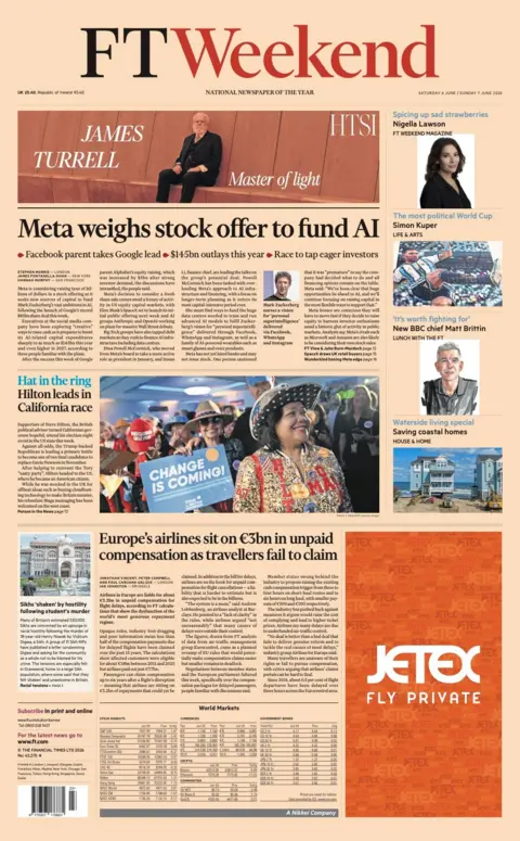 The FT's headline reads 'Meta weighs stock offer to fund AI'