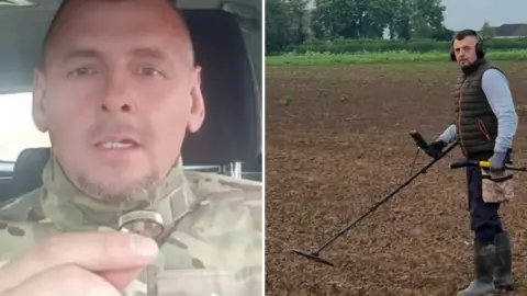 Side-by-side images with the first showing Rafal Wesolowski sitting in a car holding the artefact, He is wearing a camouflage jacket. In the second image, he is standing in a muddy field with his metal detector wearing a body warmer and Wellington boots.