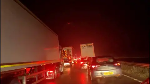 A number of lorries and cars are at a standstil on a dual carriageway. They all have their red breaklights on while they're stuck in traffic.