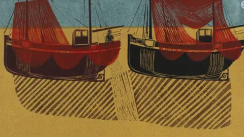 Robert Tavener Estate Print of two fishing boats on the beach, with red nets hanging on the masts and over the sides of each boat