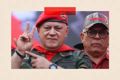 Getty Images Interior Minister Diosdado Cabello at an event wearing a red military beret, red neckerchief and military fatigues