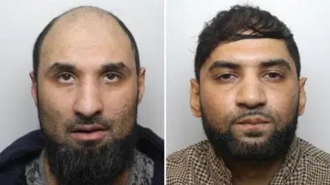 Two men are shown in separate custody photographs against plain light backgrounds; the man on the left has a receding hairline and a full beard, while the man on the right has short dark hair and a trimmed beard.