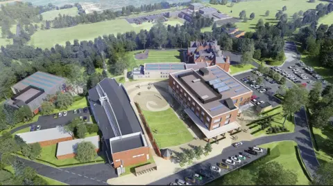 An aerial view and artist's impression of the planned headquarters for Surrey Police which shows a green area in the centre surrounded by new low rise buildings, trees around the edge as well as car parks and the current, older red brick buildings still seen at the back of the site.