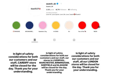 Instagram/Swatch Screengrab of Swatch's Instagram with its posts saying stores were shut.