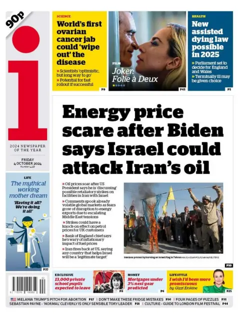 The i also leads with concerns over a hike in the price of oil, after possible retaliatory strikes on Iran's oil industry were discussed by the US president. The strikes could have a "knock on-effect" on petrol prices for UK customers, the paper warns. 