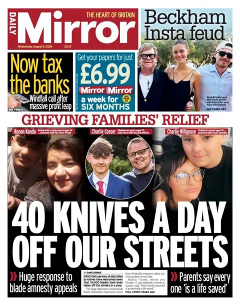 "40 knives a day off our streets" reads the headline on the front page of the Daily Mirror.