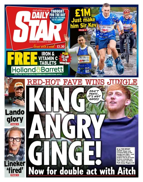 King Angry Ginge!" reads the headline on the front page of the Daily Star.