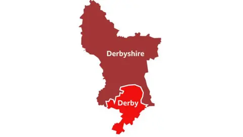 Red graphic map of Derbyshire with southern part highlighted in bright red covering Derby City, South Derbyshire, part of Amber Valley and Erewash