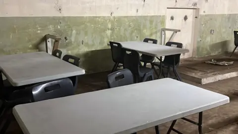 Tables and chairs in a concrete room